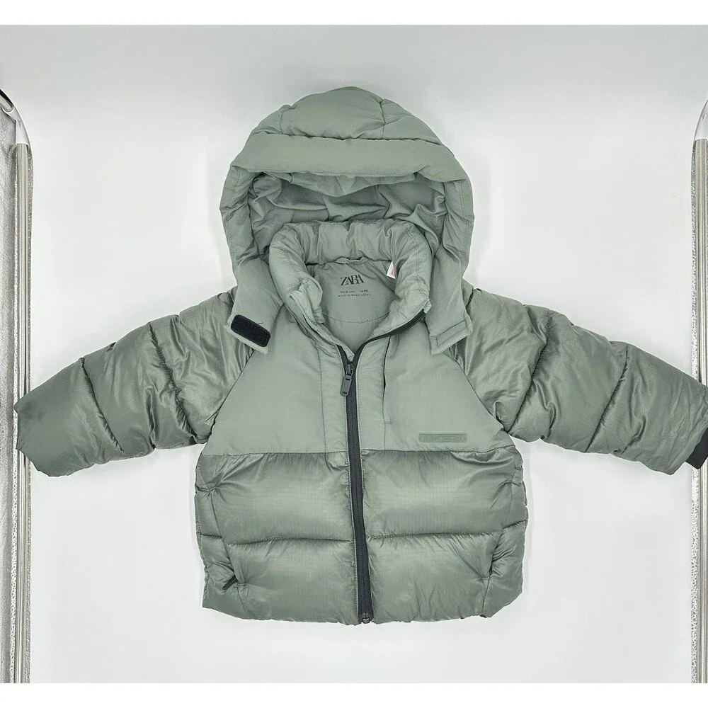 Zara Kids Toddler Green Puffer Coat Size 2 Years Hooded Winter Girls Zip Front